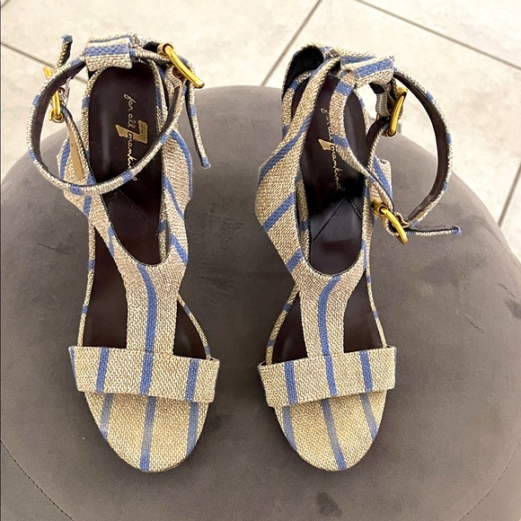 7 For All Mankind Blue and Cream Striped Sandals - Picture 1 of 7